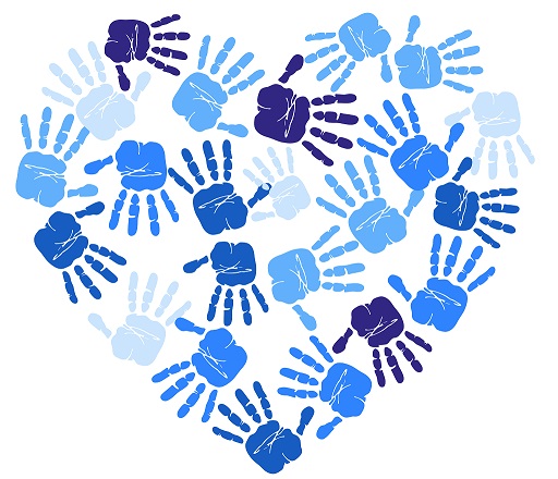 Na białym tle w różnych odcieniach ( błękitnym i granatowym) są niebieskie dłonie, ułożone są w kształcie serca