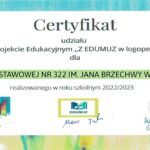 Certyfikat udziału w projekcie edukacyjnym "Z Edumuz w logopedię"